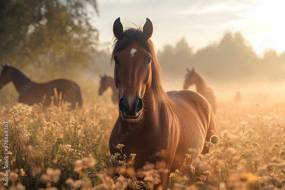 Obraz premium Horses grazing in a misty meadow at sunrise