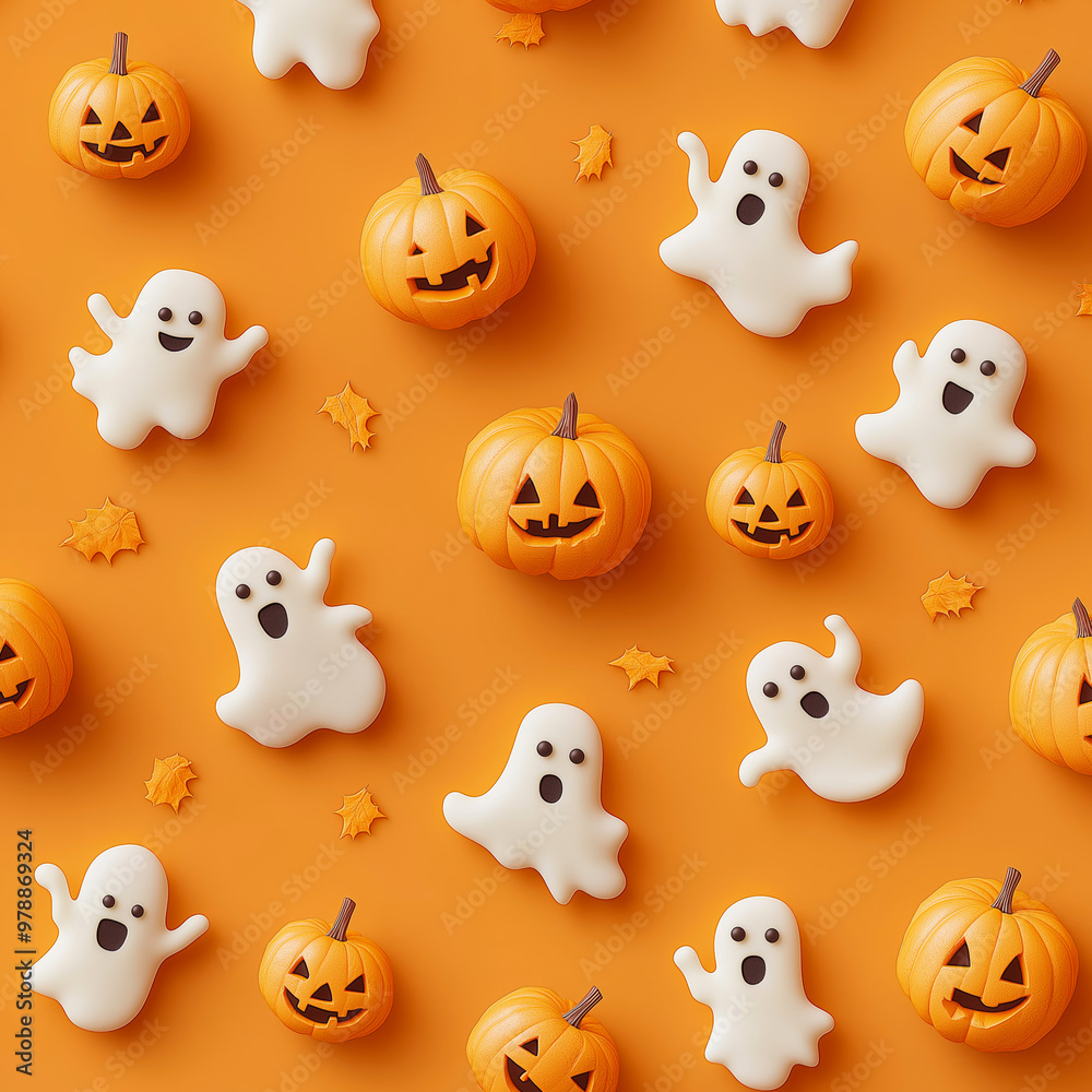 A pattern of cookies in the shape of smiling ghosts and pumpkins on an orange background. Halloween pattern A pattern of cookies in the shape of smiling ghosts and pumpkins on an orange background. Halloween pattern