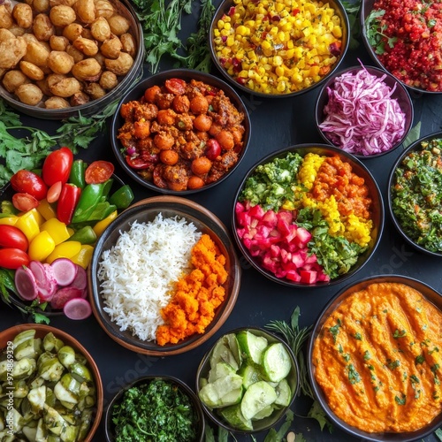 Celebrate World Food Day with a vibrant display of diverse cuisines, colorful ingredients, and rich textures that emphasize the importance of global food security and the joy of sharing meals 