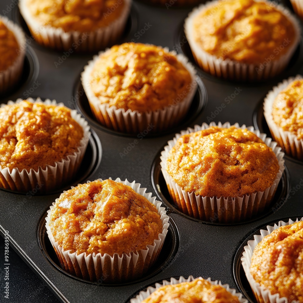 Carrot Muffins Arranged in a Neat Row on Baking Sheet Carrot Muffins Arranged in a Neat Row on Baking Sheet