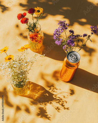 Close-up, high-resolution photograph of two cans with drinks and wildflowers in glass jars arranged on a yellow tablecloth. Captured on a sunny day with hard shadows and bright orange tones, 