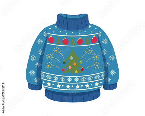 Blue knitted warm sweater with ornament and decorated Christmas tree. Outfit for Christmas ugly sweater party. Suitable for winter holiday design.