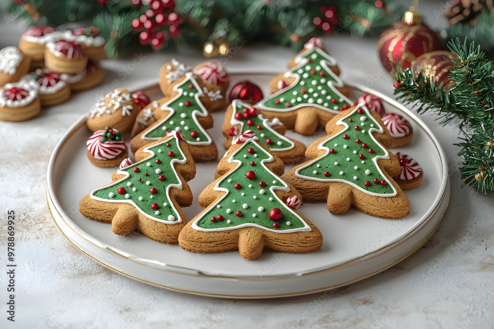 Deliciously decorated Christmas tree cookies on a festive platter Deliciously decorated Christmas tree cookies on a festive platter