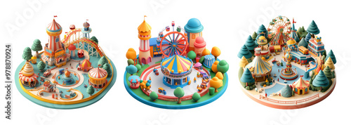 Whimsical amusement park illustrations with rides and attractions in vibrant colors