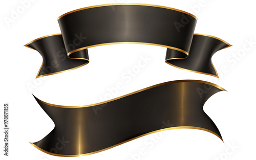 set of a black and yellow ribbon banner on transparent background
