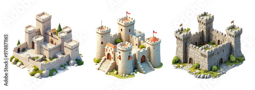 Three medieval castles in isometric design against transparent background