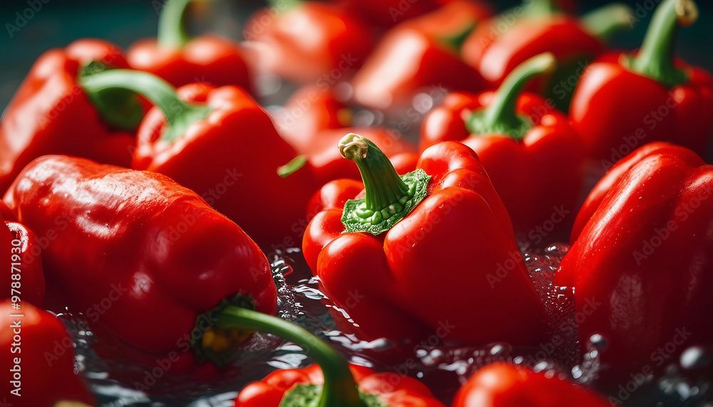 A bunch of red peppers are floating in water A bunch of red peppers are floating in water