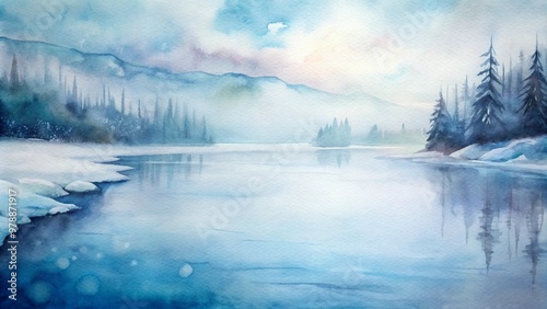 Serene winter landscape watercolor with calm river and snowy background