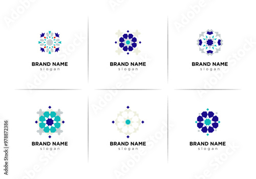 Set of minimalistic elegant geometric Arabic Mosaic  elements. Logotype inspiration, premade decorative fashion labels, signs. Vector Zellige 