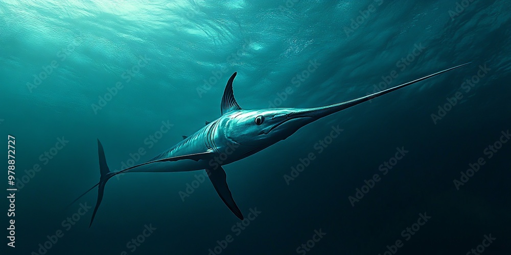Obraz premium Majestic Swordfish in Deep Ocean Serenity Captured Mid-Swim