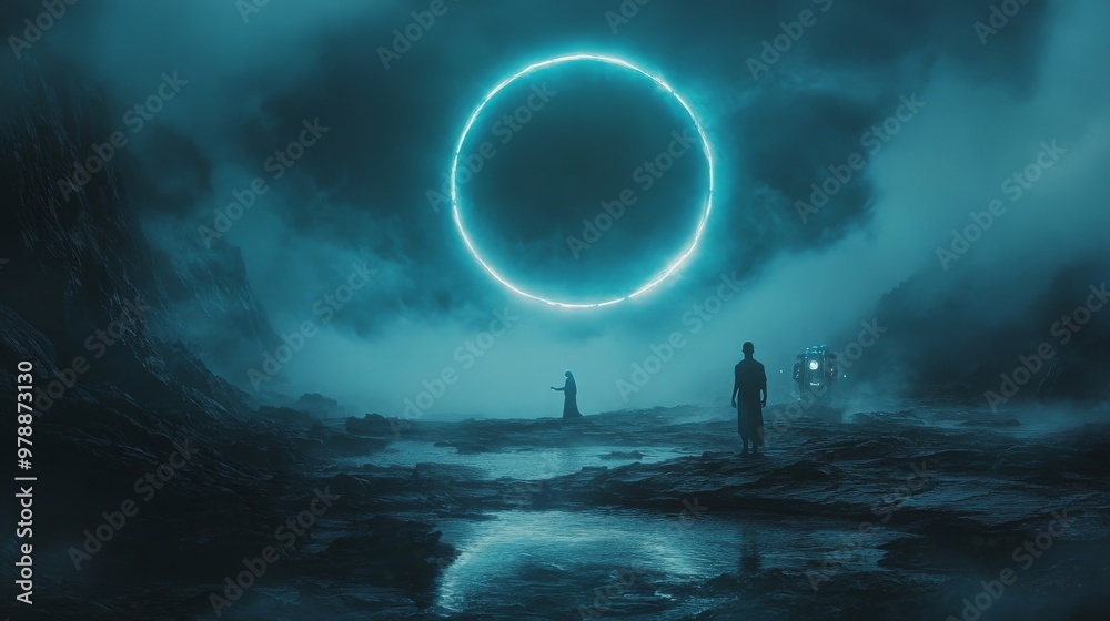 a person passes through a glowing circle of a teleporter or time-travel portal, dark background, futuristic concept a person passes through a glowing circle of a teleporter or time-travel portal, dark background, futuristic concept