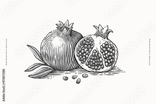 Ripe pomegranate fruits. Illustration of whole and cut pomegranate with seeds. Perfect for culinary, botanical and vintage designs.