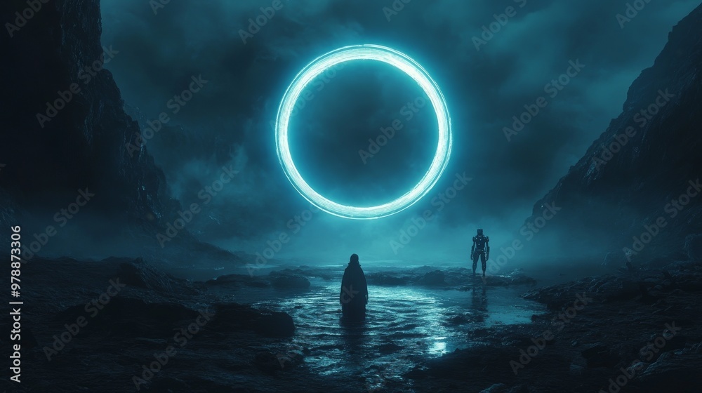 a person passes through a glowing circle of a teleporter or time-travel portal, dark background, futuristic concept a person passes through a glowing circle of a teleporter or time-travel portal, dark background, futuristic concept