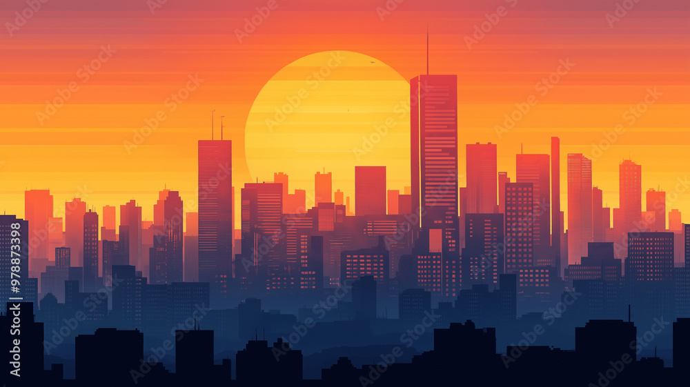 Fototapeta premium Sunset or sunrise over a modern city in natural colors. illustration of city landscape.