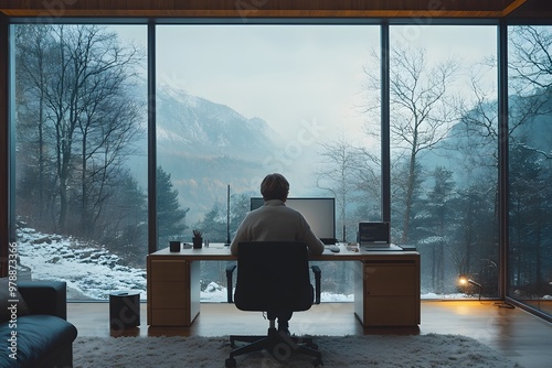 Wallpaper Mural A person sits at a desk in a modern home office, overlooking a snowy mountain landscape through large glass windows, blending work with nature.
 Torontodigital.ca