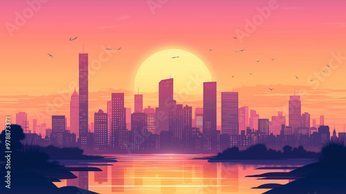 Sunset or sunrise over a modern city in natural colors. illustration of city landscape.