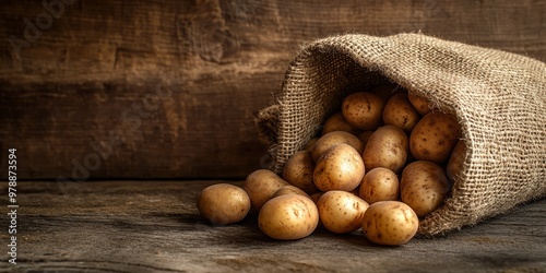 Rustic Burlap Sack Pouring Fresh Potatoes on Weathered Wooden Surface