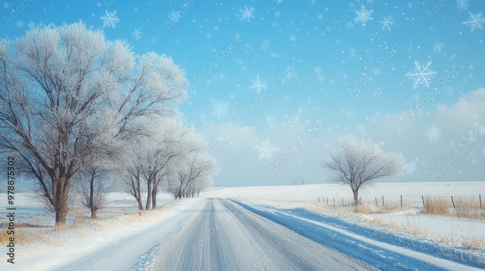 Obraz premium Snowflakes drift through the cold winter air over a serene road, while a bright blue sky adds contrast to the white landscape.