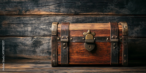 An old wooden chest with metal accents sits on a rustic wooden background. The chest is closed and locked, hinting at the secrets it may hold. photo