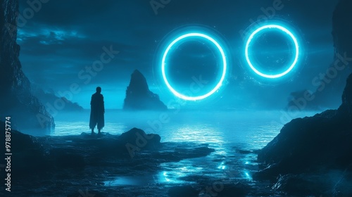 a person passes through a glowing circle of a teleporter or time-travel portal, dark background, futuristic concept