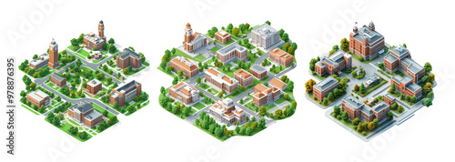 Digital campus illustrations: diverse 3d rendered university layouts
