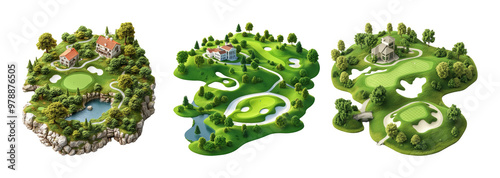 Isometric landscapes with golf courses and houses, on transparent background