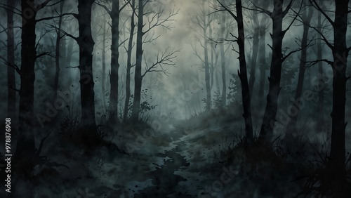 Foggy dark forest with a twisted path leading into the unknown