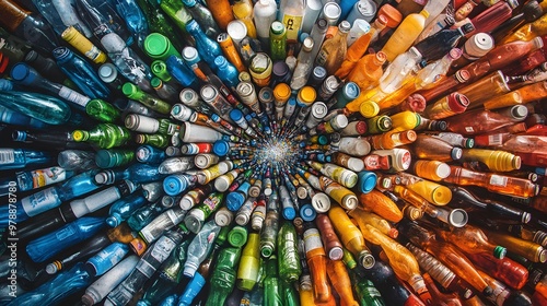 A 2D background of colorful recycled waste items like bottles, cans, and paper, arranged in a circular pattern, hyper-real, high quality, sharp images