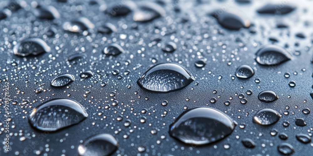 Close-up of Water Droplets on Dark Surface with Reflective Textures Close-up of Water Droplets on Dark Surface with Reflective Textures