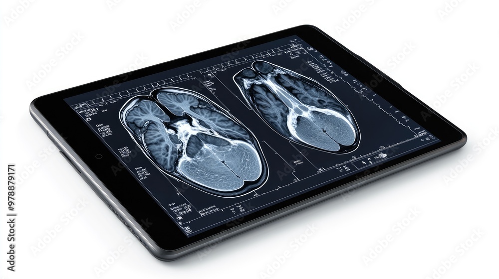 Tablet showing clear cardiac MRI images, isolated on white background with clipping path, perfect for medical diagnostics and healthcare visuals Tablet showing clear cardiac MRI images, isolated on white background with clipping path, perfect for medical diagnostics and healthcare visuals