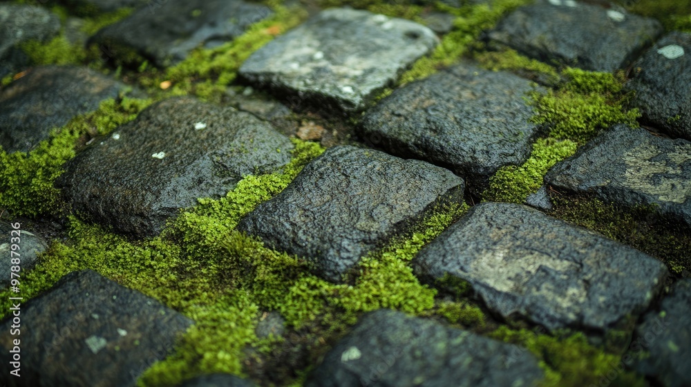 A Close-Up View of Moss Growing Between Grey Cobblestones A Close-Up View of Moss Growing Between Grey Cobblestones