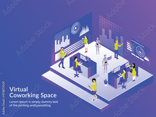 Virtual Co-Working Space concept with isometric illustration of people working together at distant place, analysis data through VR glasses. Responsive web template design.