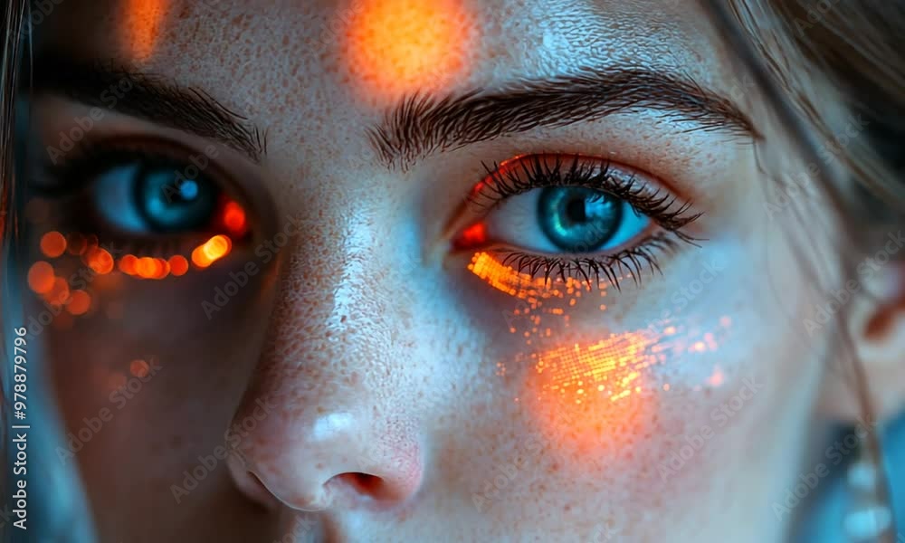 Closeup Portrait of a Woman with Blue Eyes and Glowing Orange Lights Closeup Portrait of a Woman with Blue Eyes and Glowing Orange Lights