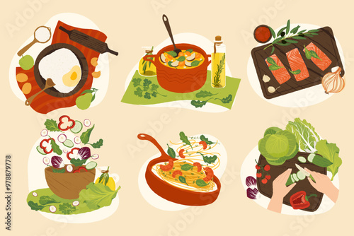 Cooking food concepts. Cartoon kitchen utensils and appliances, chef preparing meal, hands mixing bowl whisk, pots and pans. Vector flat set.eps