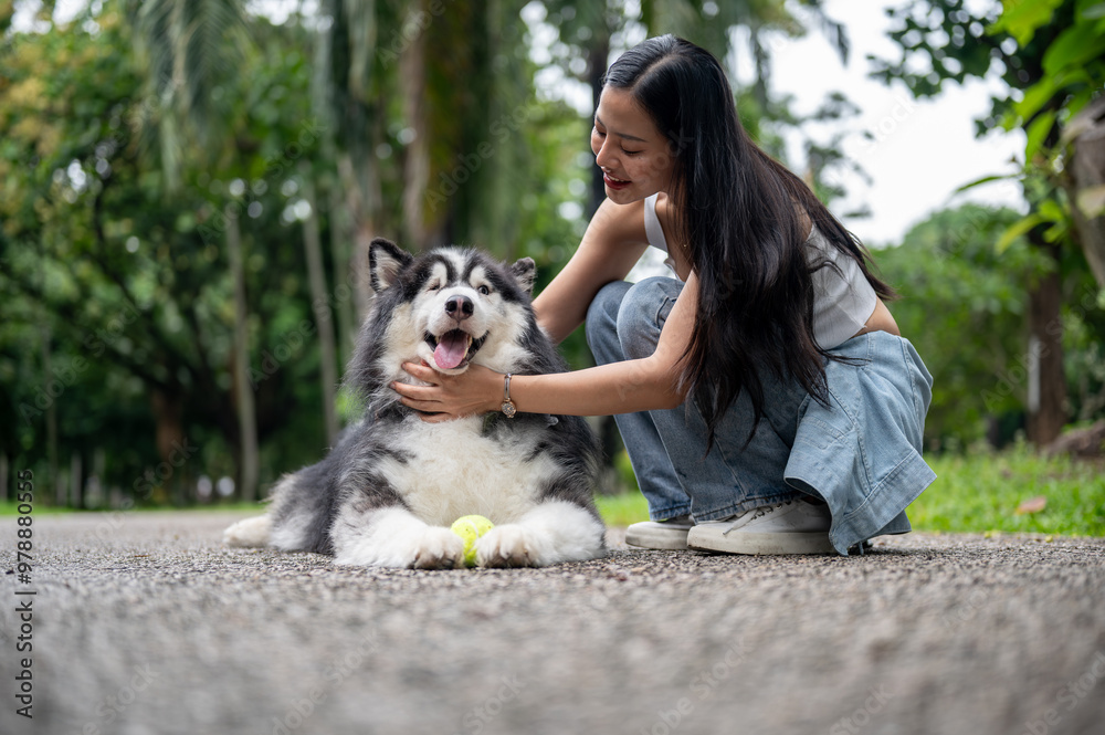 A cheerful Asian woman is playing with her dog in a park, giving him love and comfort. A cheerful Asian woman is playing with her dog in a park, giving him love and comfort.