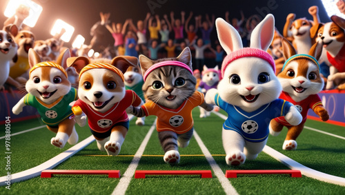 A group of adorable animals, including a puppy, kitten, and bunny, competing in a playful race at a miniature sports event. The animals wear cute little headbands and jerseys with bright, cheerful col photo