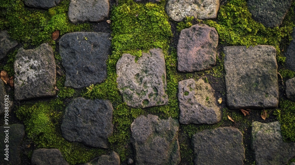 A Close-up of Moss Growing Between Rough Stone Pavers A Close-up of Moss Growing Between Rough Stone Pavers