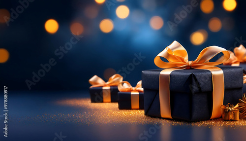  Black gift boxes with golden ribbons, blurred dark blue background with orange lights, perf_1(117)