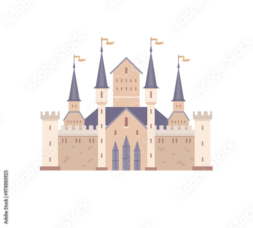 A beige castle with four tall spires adorned with flags, surrounded by sturdy walls and towers. Ideal for fantasy, architecture, history, medieval themes, storytelling, and fairytales. Vector art