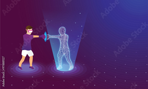 Real man playing with imaginary gaming character on glossy purple background. Virtual Reality concept based web template design.