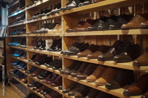 Rows of leather shoes displayed on wooden shelves inside a store. Interior photography for retail and fashion concept.