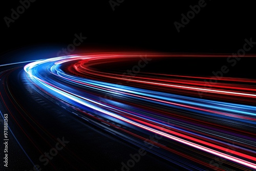 This image captures the dynamic motion of red and blue light trails against a dark background, showcasing the beauty of long-exposure photography