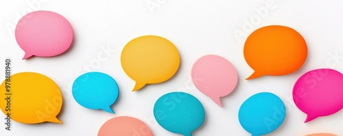 Colorful speech bubbles on a white background, representing communication, conversation, and dialogue in a creative design.