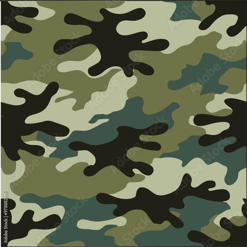 A vector illustration of camouflage pattern using shades of emerald, green, teal, and forest brown.