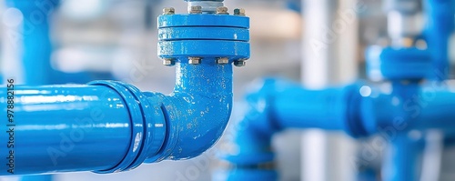 blue industrial pipes with fittings, showcasing modern plumbing and construction techniques in a factory setting. photo