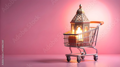 Trolley cart with Arabic lantern, sheep on pink pastel background, trolley cart, Arabic lantern, sheep, pink photo