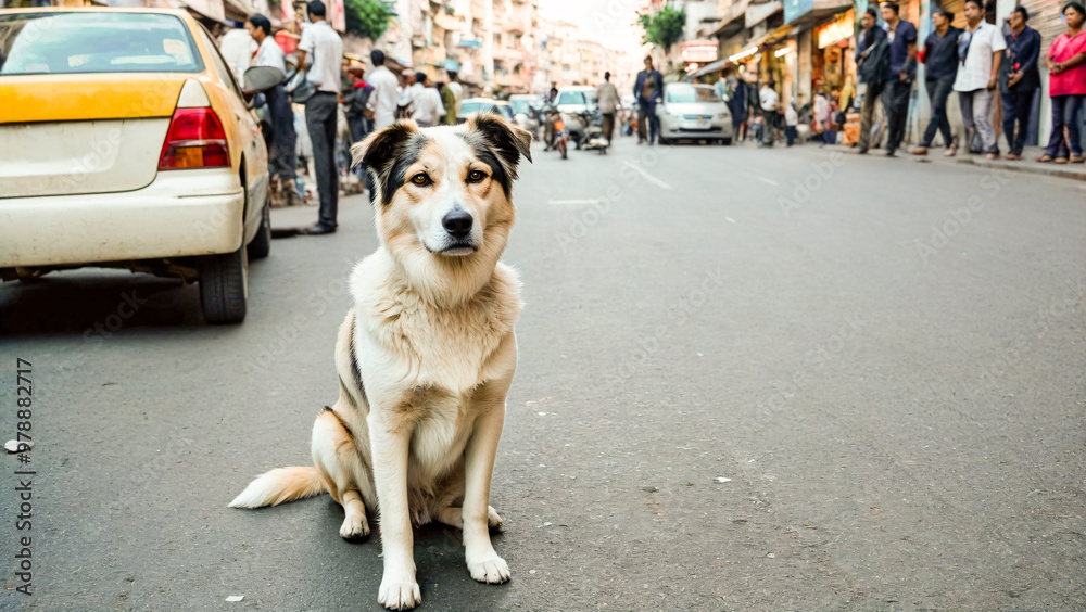 A stray dog with a sad expression watching people walk by on a busy street.