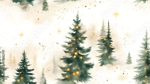 Intricate Watercolor Christmas Tree Pattern with Twinkling Lights on White Background