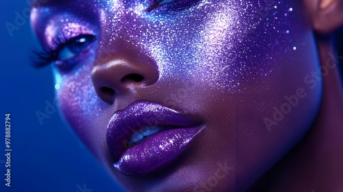 A close-up of purple glitter makeup on the face, with a bright blue background and gold details