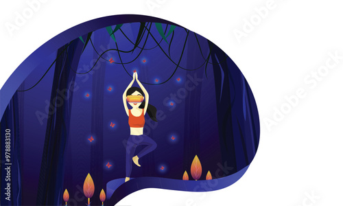 Girl wearing VR glasses interacting through imaginary world on nature landscape while performing yoga. Virtual Reality Concept based web template design.